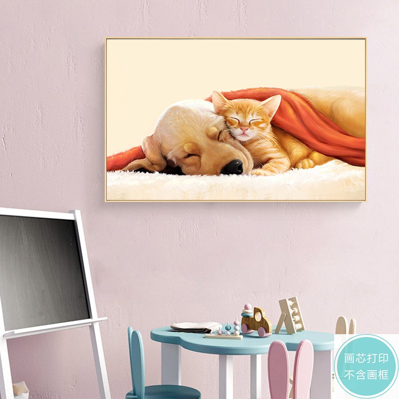 北欧现代简约可爱动物狗狗猫咪床头横幅客厅电表箱装饰画画芯打印图片