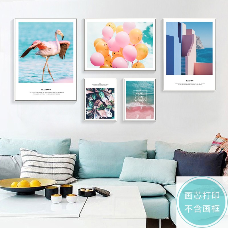 北欧现代时尚小清新风景建筑火烈鸟照片墙挂画芯组合客厅装饰画芯图片