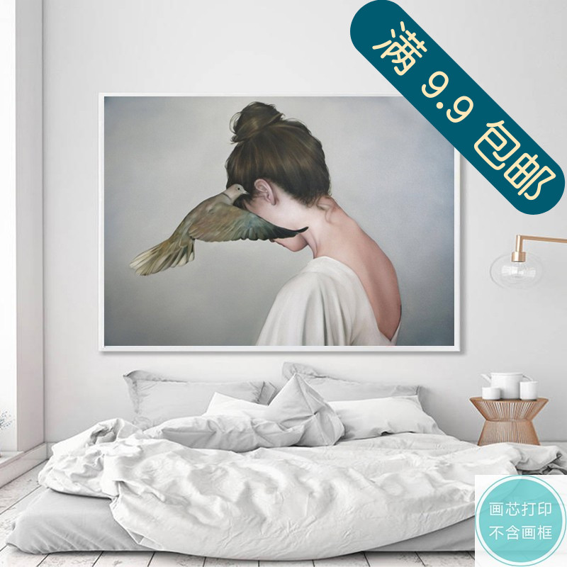 后现代手绘油画治愈系列美女背影小鸟北欧人物装饰画画芯打印画布