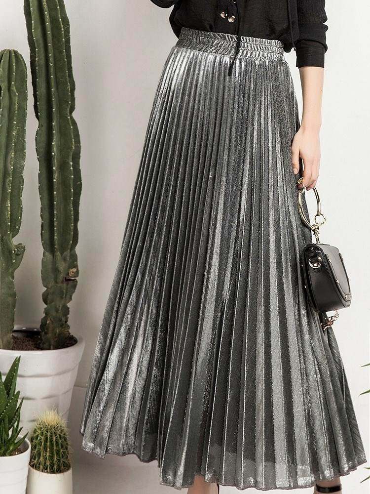 2019women retro long skirt 金属色半身裙松紧腰A字显瘦百褶裙在类目 女装/女士精品, 半身裙中 - 来自Buy2taobao.com提供专业的淘宝代购服务