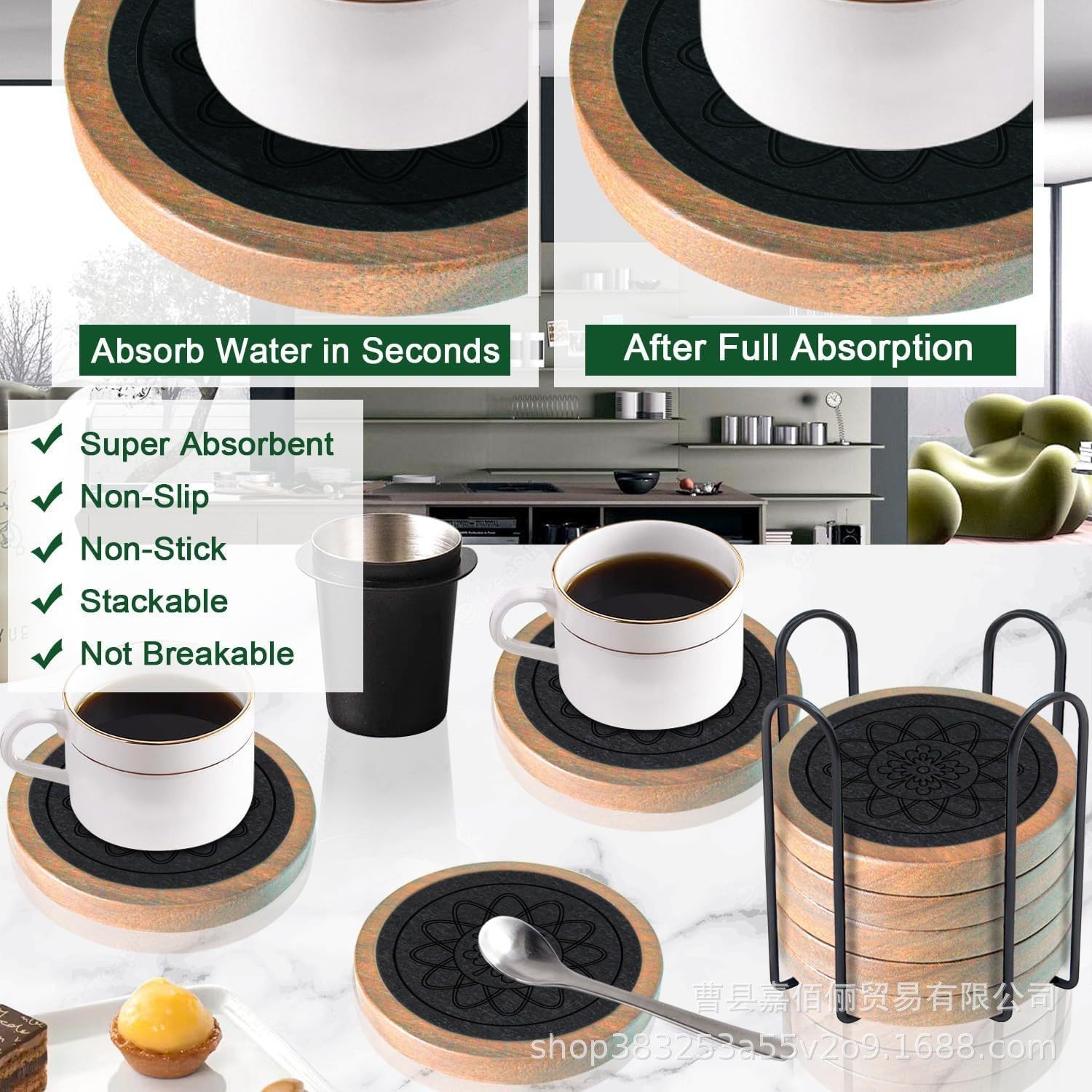圆形木制咖啡杯垫家用可吸水防滑茶杯垫桌面木制牛奶饮料隔热杯垫