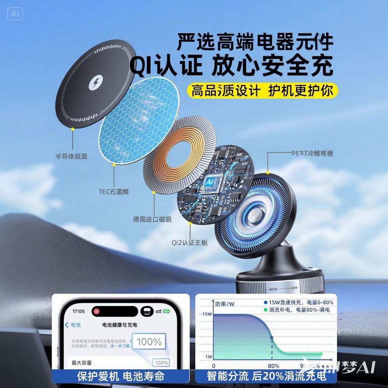 15W车载磁吸支架无线充电万能通用型 2025新款真空吸附手机支架