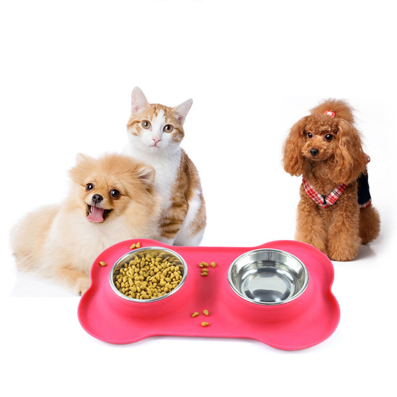 宠物双碗狗盆硅胶宠物双狗碗防漏食猫碗黑色骨头狗碗垫子现货