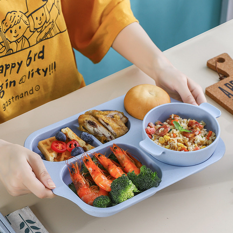 小麦幼儿园分格餐盘六件套防摔筷叉勺杯子饭碗儿童餐具套装