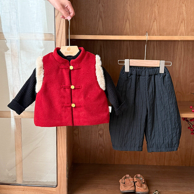 婴儿衣服拜年服冬季男宝宝套装加厚一岁男婴幼儿中国风冬款三件套