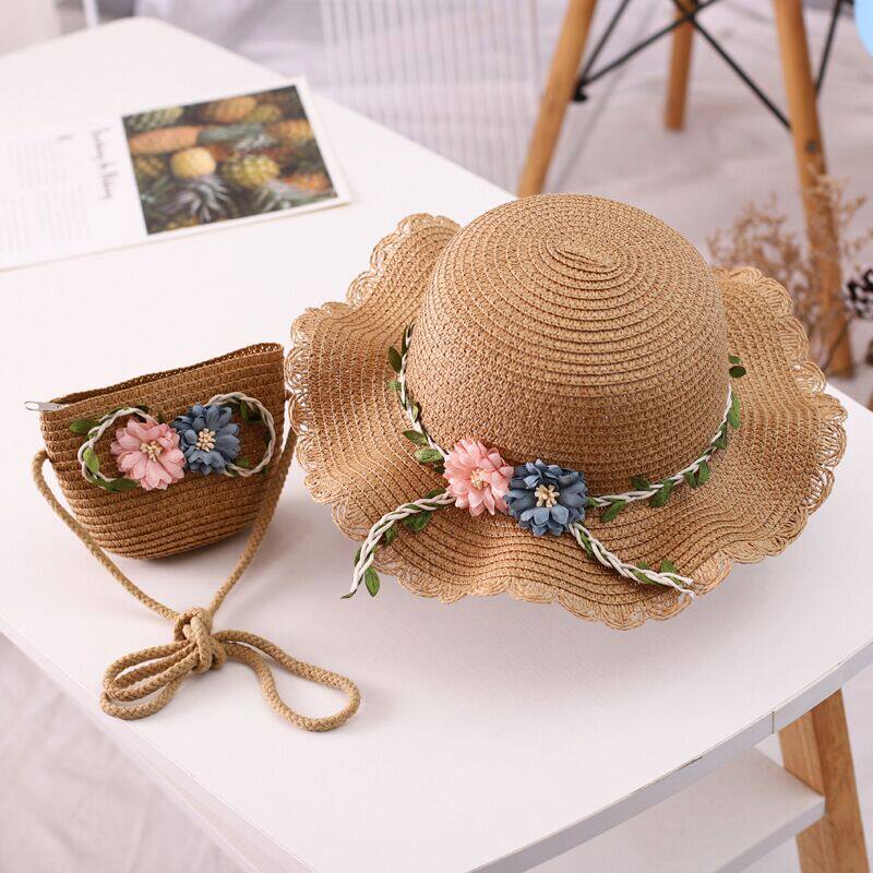 儿童清新花朵波浪草帽凉帽女童夏沙滩防晒遮阳太阳帽包包套装中童