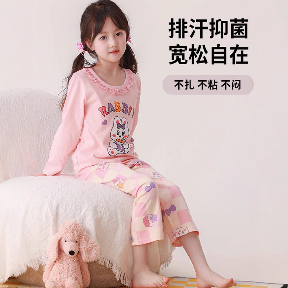 春夏女童纯棉睡衣中大童长袖长裤儿童空调服家居服套装