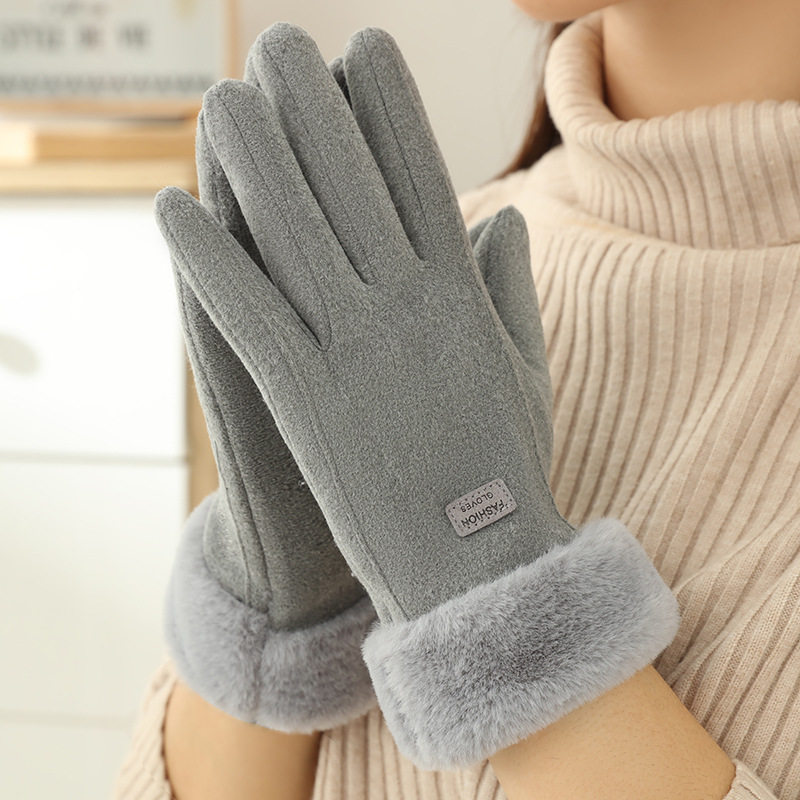 冬季德绒保暖加绒手套女毛绒可触屏手套防寒骑车电动车棉手套