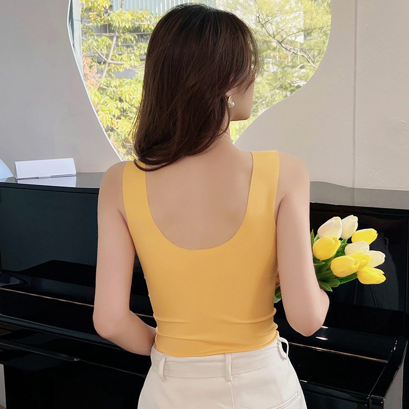 夏款一体式固定杯冰丝美背无痕内衣宽肩性感蕾丝肩带长款女士背心