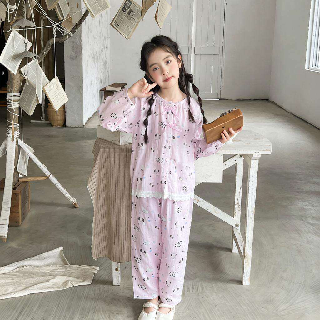 儿童睡衣宝宝纯棉云纱春季开衫家居服男女童卡通套装中小童空调服