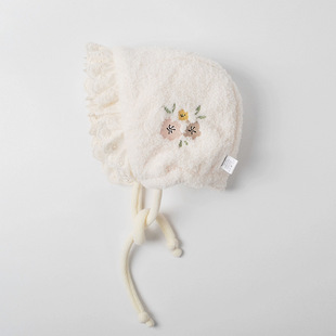 moinmlon冬季新款女童双层加绒保暖护耳帽宝宝防风花边淑女帽子