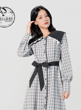 D-HARRY/迪哈利2023春新款大翻领灰色格子系带连衣裙DH231J95987D