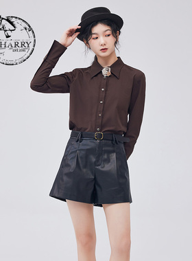 D-HARRY/迪哈利秋新款复古时尚通勤咖色长袖衬衫DH233D96362D