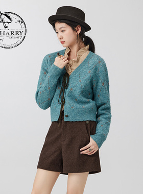 D-HARRY/迪哈利2023冬新款时尚百搭蓝色印花开衫毛织DH234C96725D