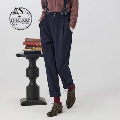 D-HARRY/迪哈利2023冬新款复古通勤高腰藏青色背带裤DH234L96776D