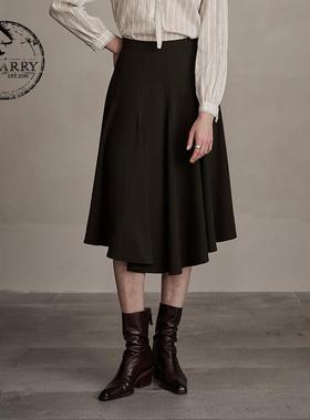 D-HARRY/迪哈利2024冬新款百搭不规则时尚咖绿色半裙DH244M97861D