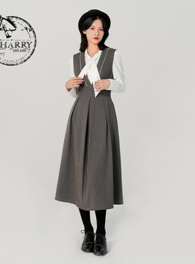 D-HARRY/迪哈利复古灰色浅咖色条纹连衣裙中长裙子DH231J95859D