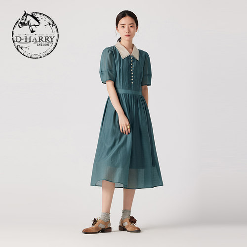 D-HARRY/迪哈利夏季新款绿细格子翻领短袖连衣裙DH242J97316D