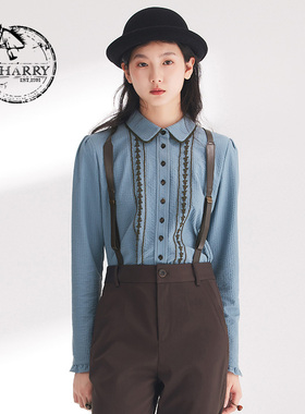 D-HARRY/迪哈利2024春季新款复古木耳边长袖衬衫DH241D96967D