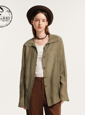 D-HARRY/迪哈利2024秋新款复古百搭通勤绿色长袖衬衫DH243D97521D