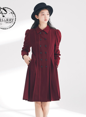 D-HARRY/迪哈利2024春新款复古百搭开叉深红色连衣裙DH241J96875D