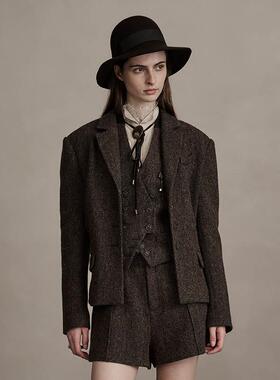 D-HARRY/迪哈利2024冬新款复古帅气咖色格纹西装外套DH244A97769D