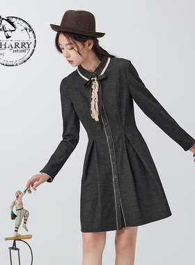 D-HARRY/迪哈利2023冬新款复古显瘦咖色细格连衣裙DH234J96703D