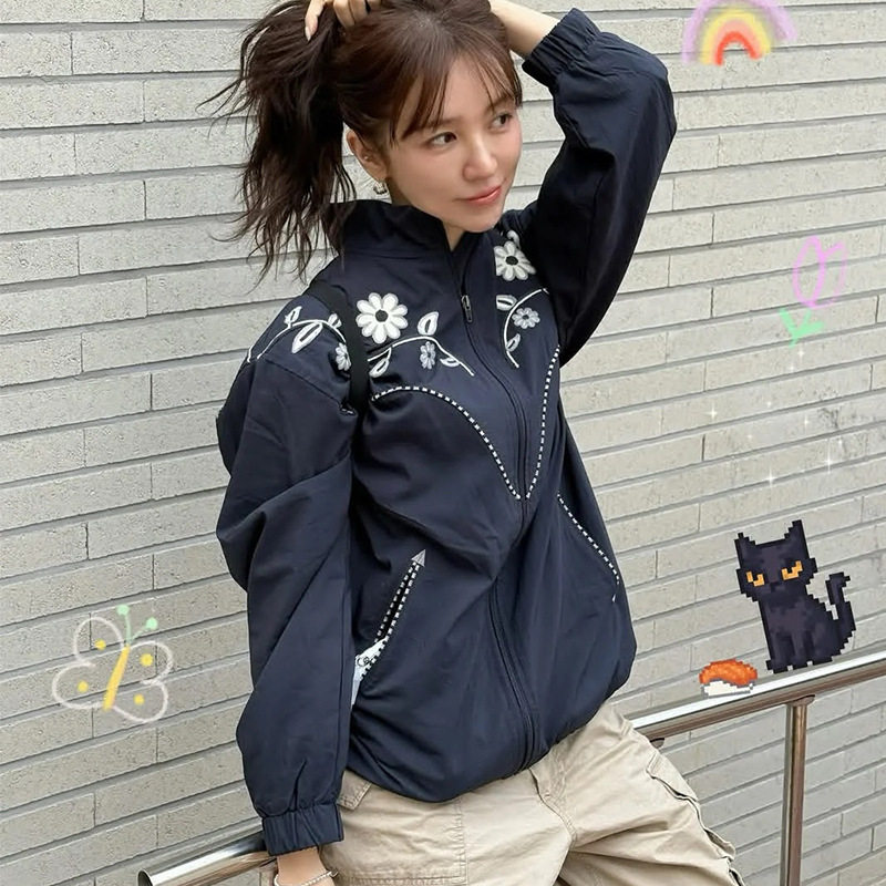 2025秋季新款韩国东大门尹恩惠同款复古刺绣翻领拉链运动外套女