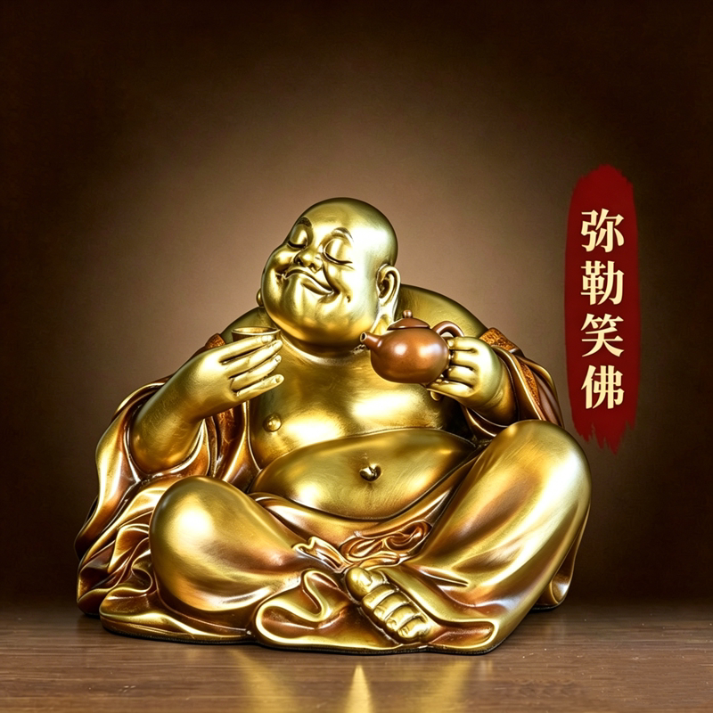 纯黄铜弥勒佛像摆件大肚笑佛菩萨家用供奉客厅办公室家居装饰礼品