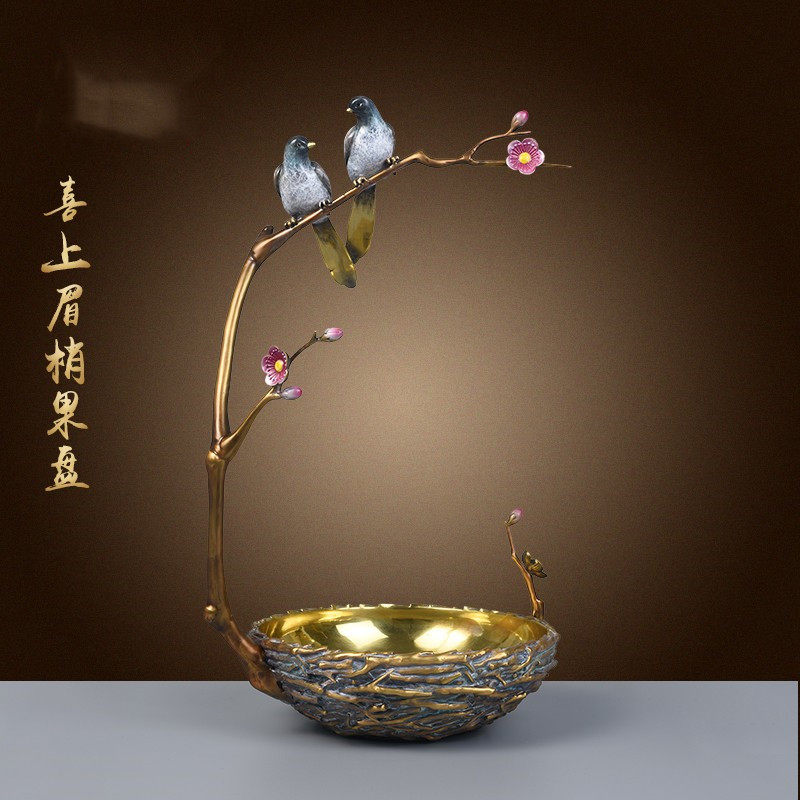 纯铜果盘托盘喜鹊喜上眉梢摆件中式家用轻奢高级感客厅桌面装饰品