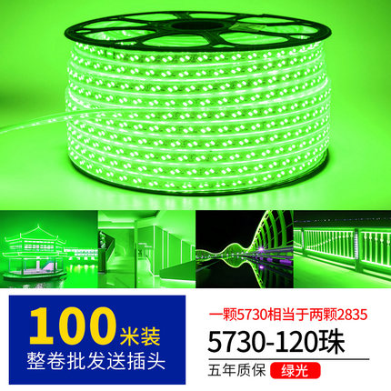 led灯带绿颜色220v卷100米防水工程工地下室隧道养殖高亮照明灯条