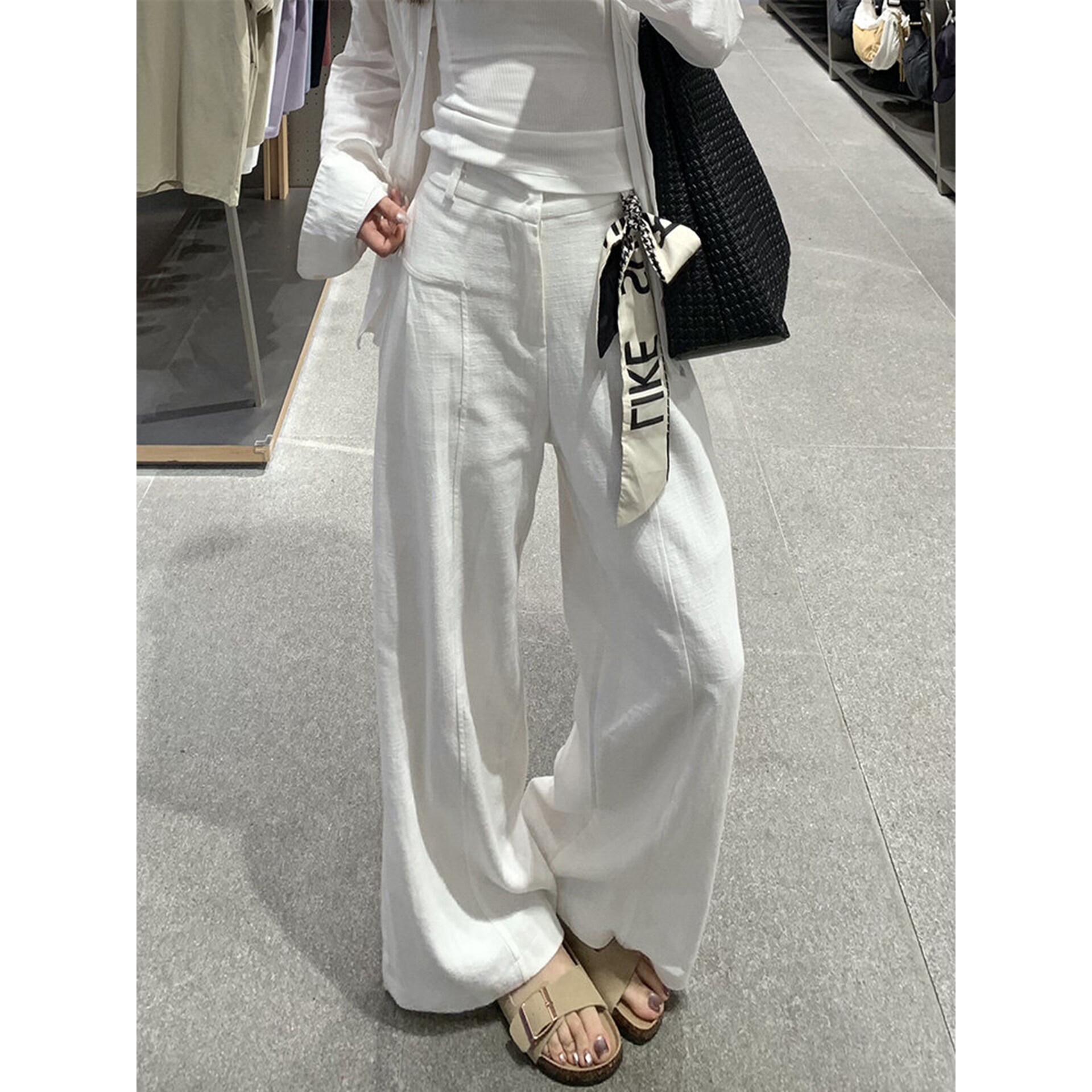 天丝亚麻阔腿裤女夏季薄款高腰垂坠感老钱风裤子小个子白色西装裤