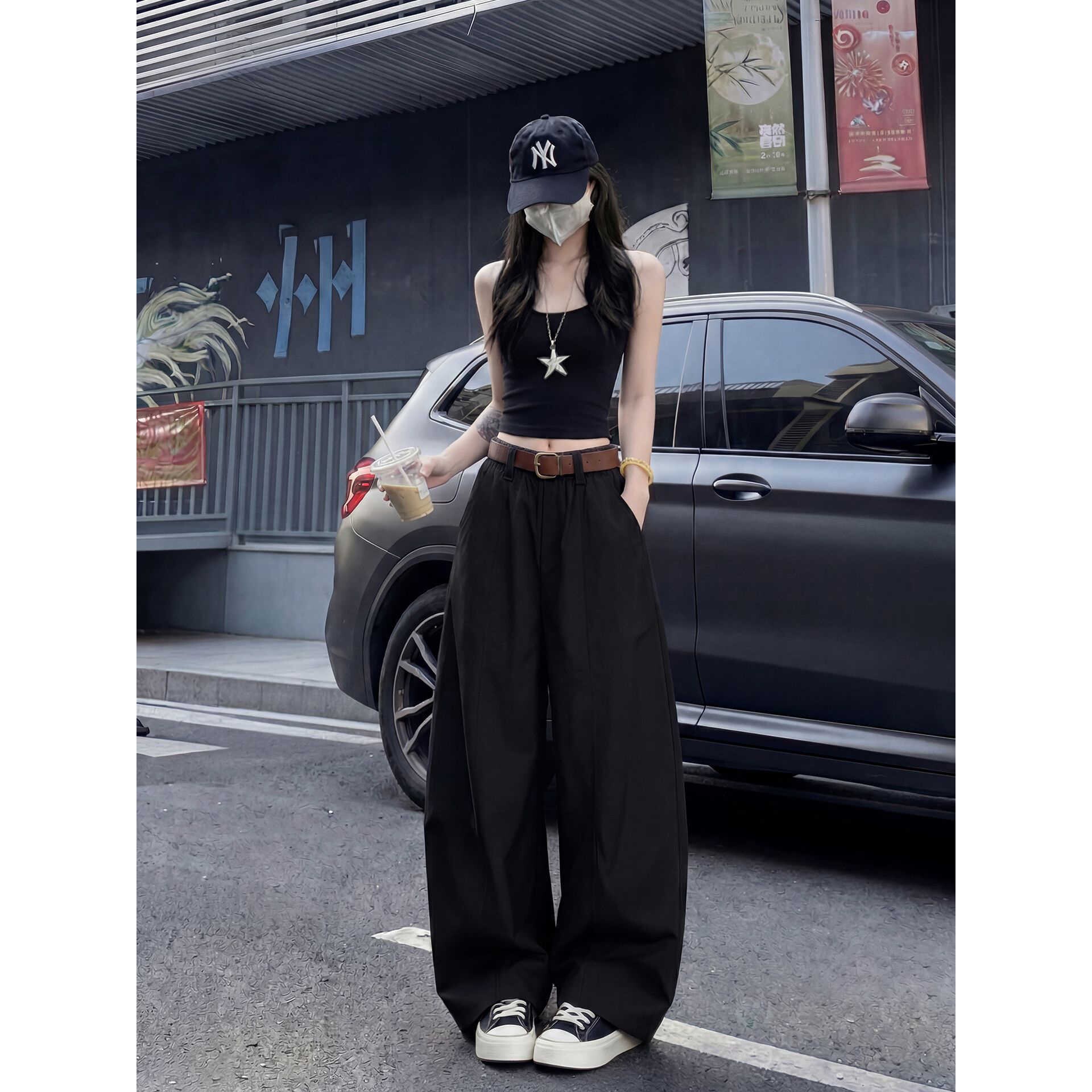 黑色弯刀西装裤女夏季薄款2026新款运动休闲工装小个子宽松阔腿裤