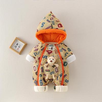 婴儿冬装连体衣超萌涂鸦加绒加厚棉衣新生儿300克六个月外出服