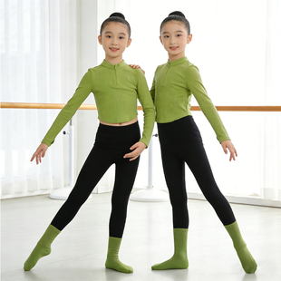 拉丁舞蹈服装 儿童舞蹈服外套秋冬芭蕾舞服女童绿色长袖 练功服套装