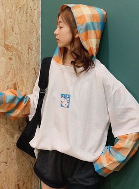 慵懒bf子套头长袖连帽2020薄款宽松卫衣新款风格女潮春秋拼接韩版