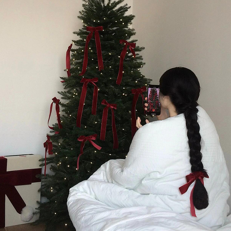 圣诞树装饰红丝绒丝带蝴蝶结diy配件新年灯串客厅居家氛围感布置