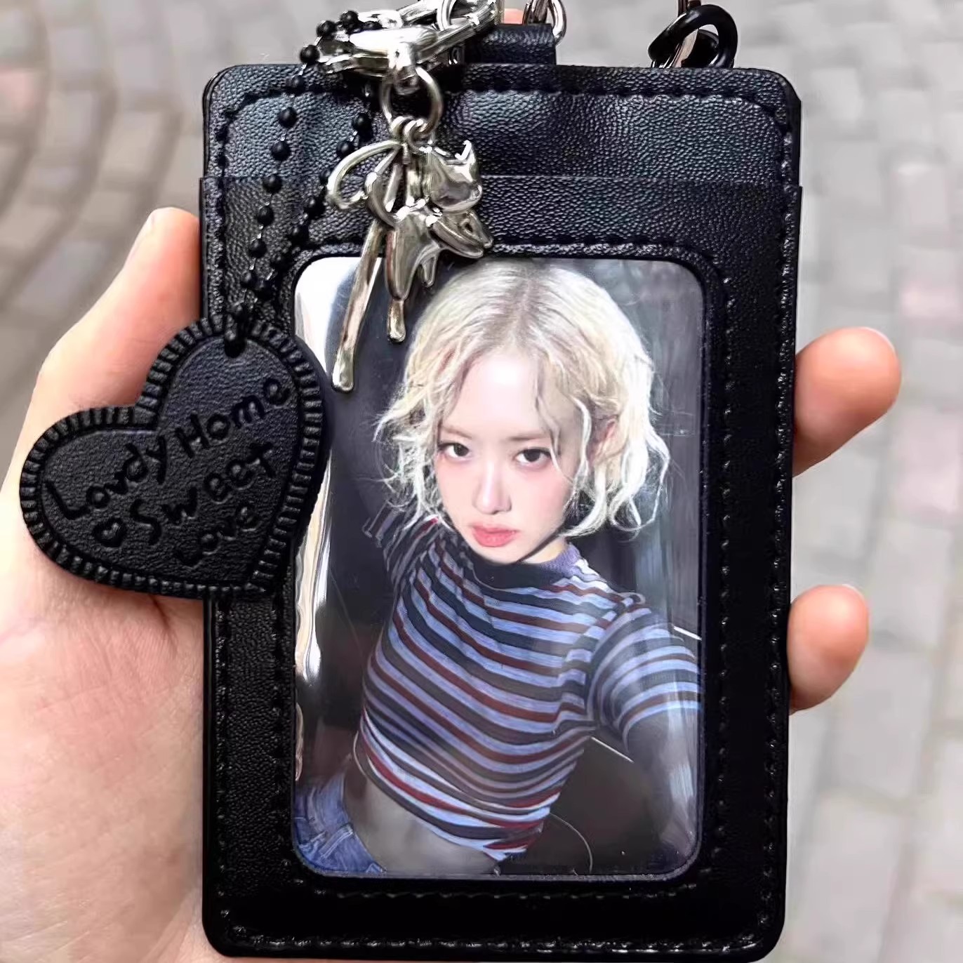 ins风蝴蝶结黑色皮质卡套爱豆追星小卡照片拍立得收纳套校园套