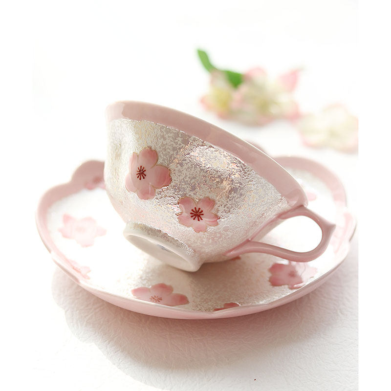 日本原装进口有田烧田清窑粉嫩珍珠釉下彩手绘浮雕樱花咖啡杯杯子