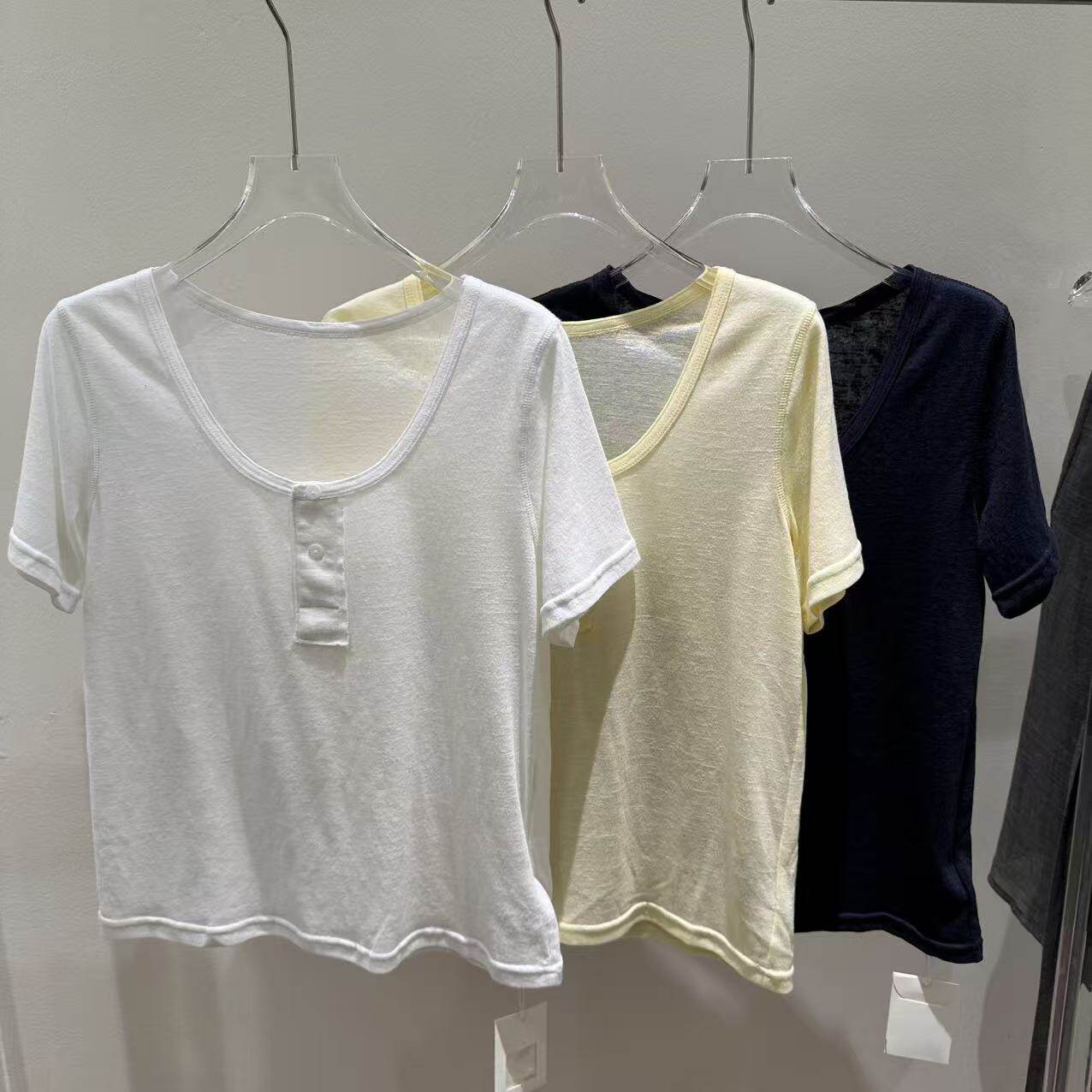 欧洲站2026新款极简风U型领轻薄透气正肩遮肚子面膜短袖T恤CV518