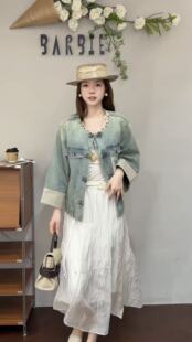 欧洲站2026新款 欧货国潮风钉珠圆领蕾丝拼接卷边复古牛仔外套4072