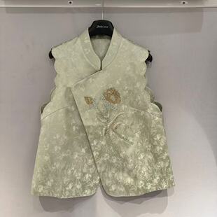 欧洲站2026春新款 提花马甲5895 欧货V领钉珠刺绣波浪边轻奢新中式