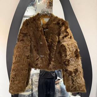 欧洲站2025冬圆领皮毛一体拼接人丝提花两面穿国风外套2530-6708