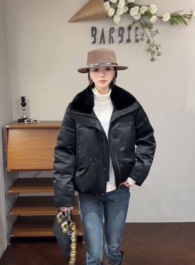 欧洲站2025冬新款时尚翻领拼水貂毛宽松洋气简约羽绒服外套女8983