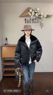 欧洲站2025冬新款时尚翻领拼水貂毛宽松洋气简约羽绒服外套女8983