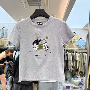 欧洲站2026春新款欧货时尚圆领卡通植绒小狗刺绣减龄短袖女上衣