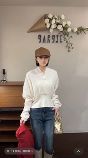 欧洲站2025冬新时尚 毛衣上衣25228 V领纯色百搭宽松显瘦羊毛针织衫