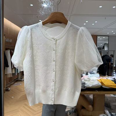 欧洲站2026新款法式圆领网纱泡泡袖提花甜美温柔短袖针织衫26003