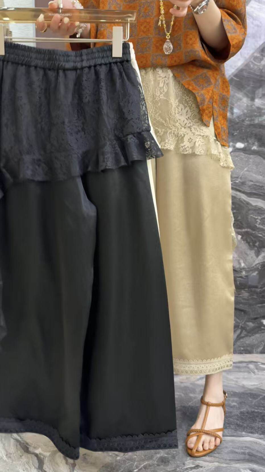 曼曼家2026夏新款欧货拼蕾丝屁帘松紧腰醋酸减龄阔腿九分裤26129
