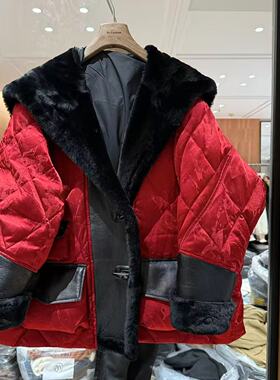 欧洲站2025冬羊毛大翻领拼皮牛角扣菱格压花轻奢皮草鹅绒服28629